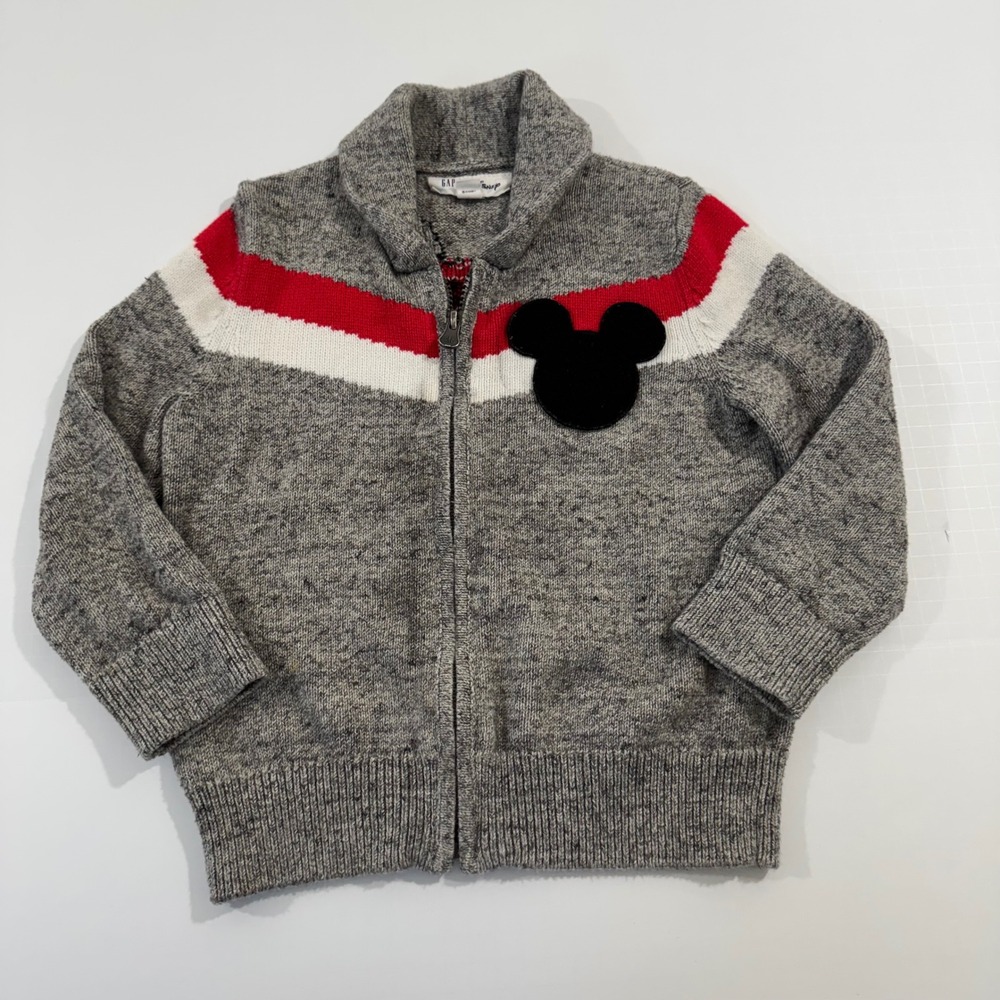 Baby Gap Disney Sweater Boy 4T Gray Mickey Mouse Full Zip Shawl Collar Cardigan